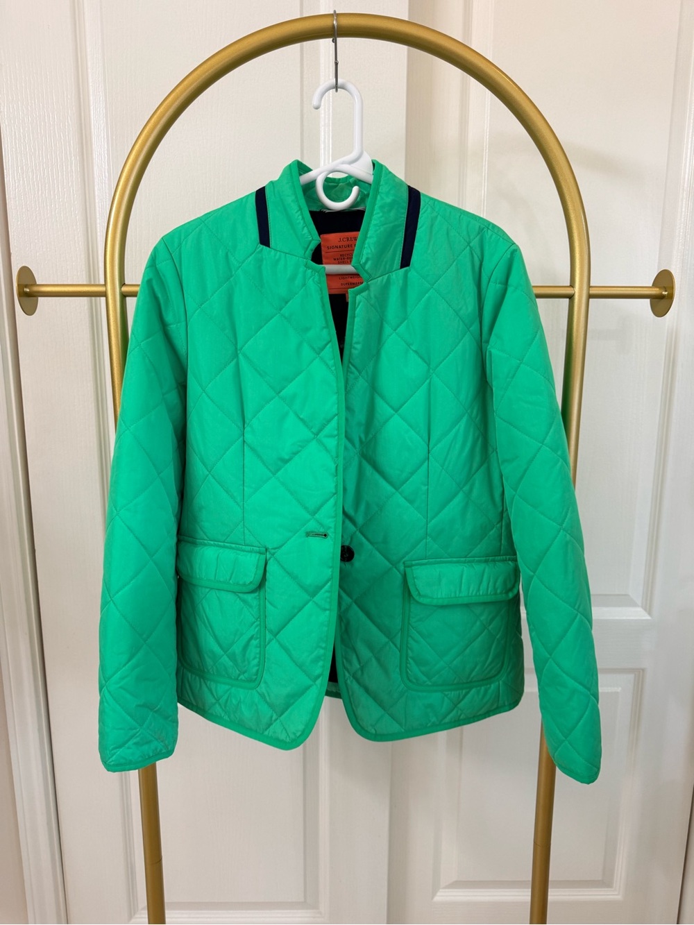 Brand new with tag J. Crew Quilted Jacket in Bright Green with Navy Trim SIZE L